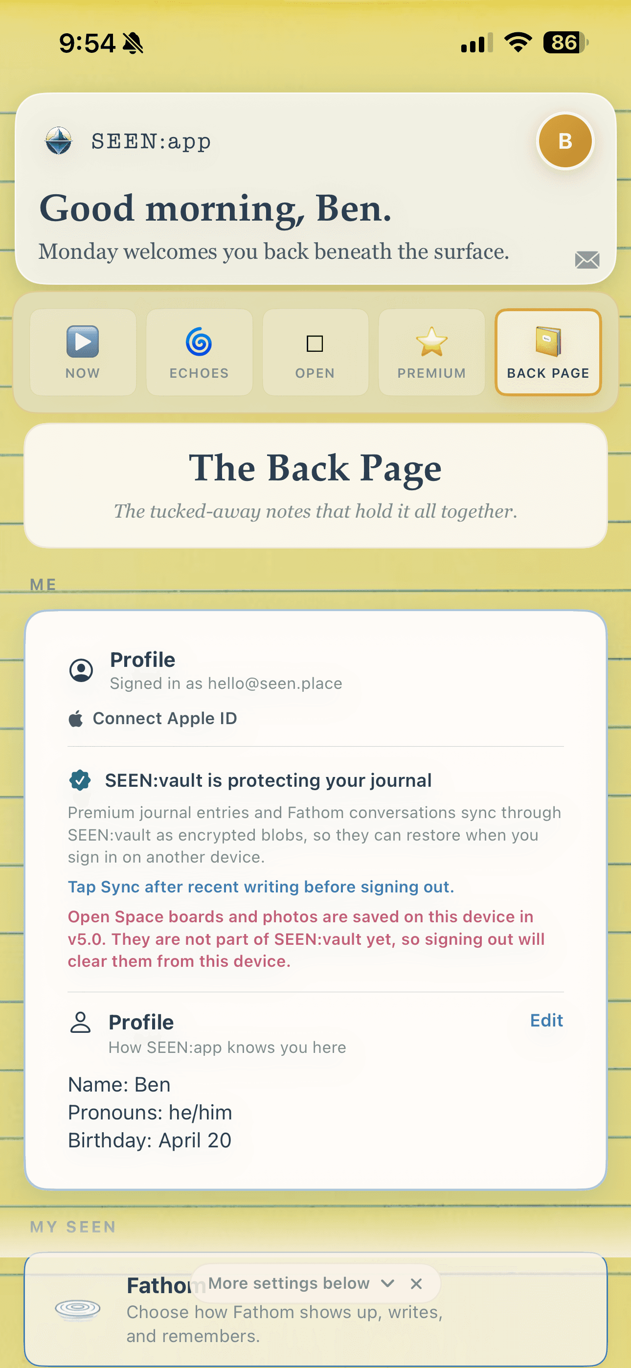 The Back Page tab selected in SEEN:app version 5