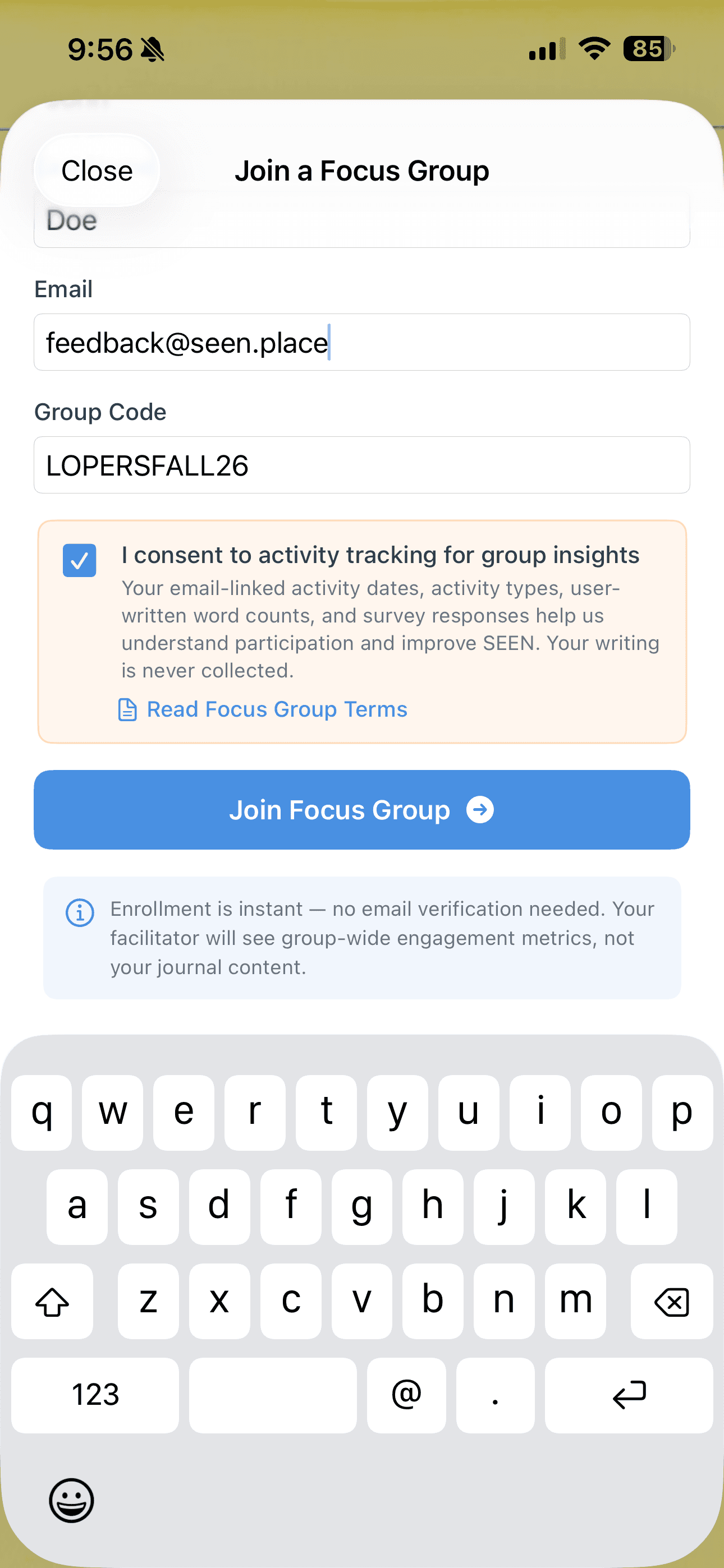 Activity-tracking consent and Join Focus Group button