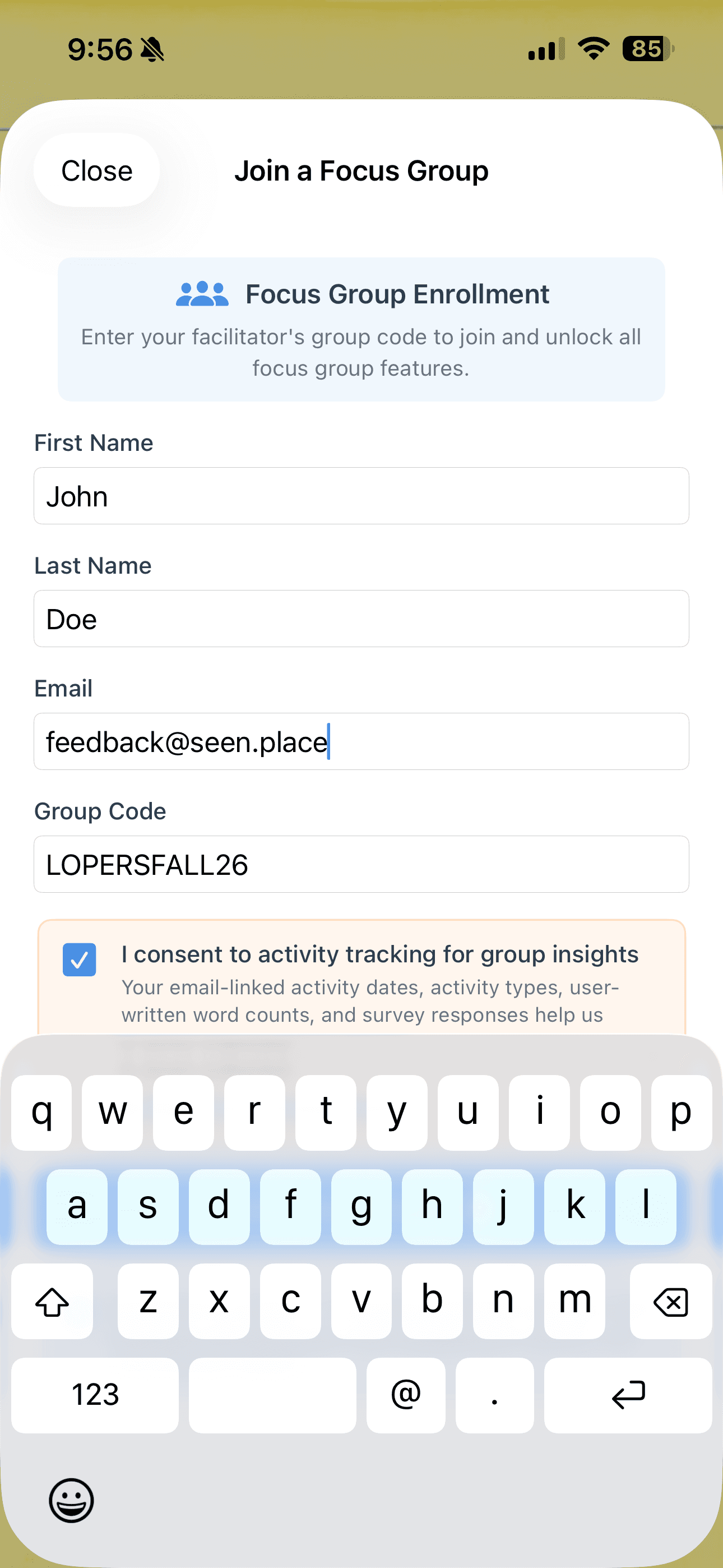 Focus group enrollment form with the LOPERSFALL26 group code