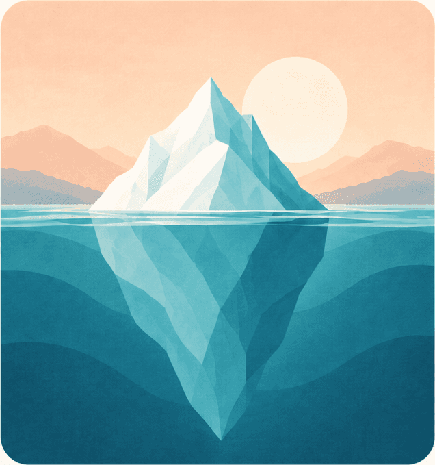An iceberg in calm teal water beneath a peach sun.